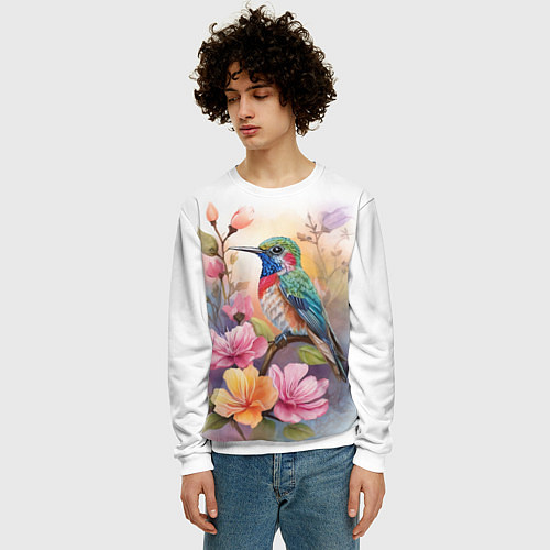 Мужской свитшот Колибри и цветы - акварель / 3D-Белый – фото 3