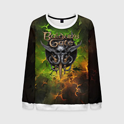 Свитшот мужской Baldurs Gate 3 logo dark green fire, цвет: 3D-белый