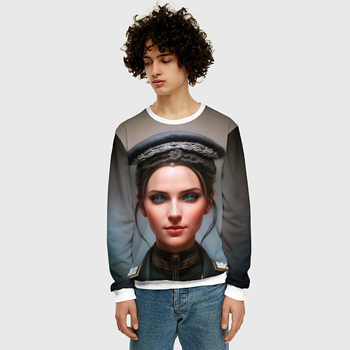 Мужской свитшот Девушка с зелёными глазами в чёрной униформе / 3D-Белый – фото 3
