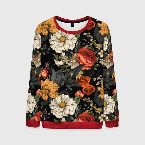 Мужской свитшот Цветочный паттерн на черном / 3D-Красный – фото 1