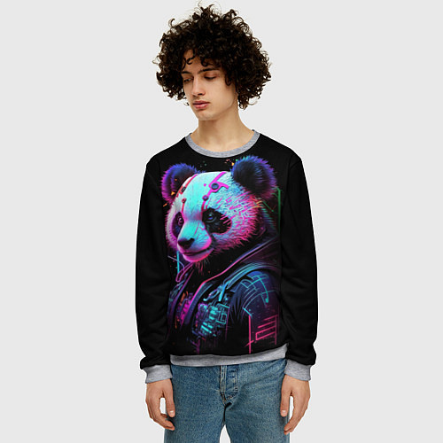 Мужской свитшот Панда в красках киберпанк / 3D-Меланж – фото 3