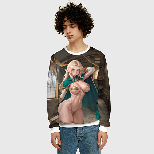 Мужской свитшот Девушка эльф с аппетитными формами / 3D-Белый – фото 3