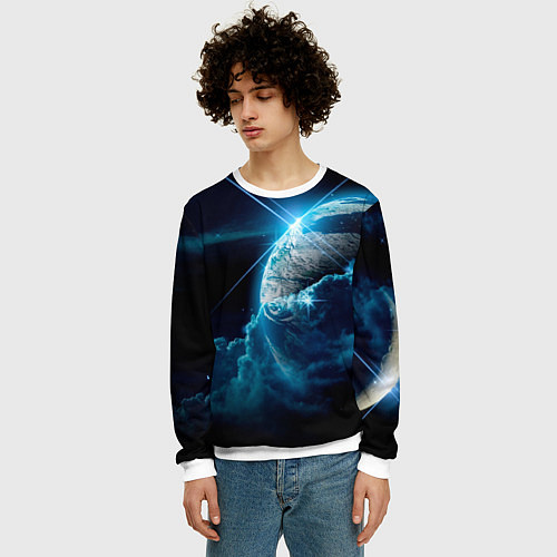 Мужской свитшот Космос и сияющая планета / 3D-Белый – фото 3