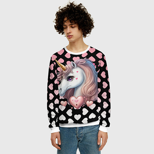 Мужской свитшот Розовый единорог с сердечками / 3D-Белый – фото 3