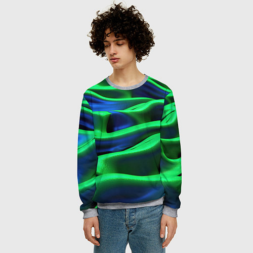 Мужской свитшот Зеленые неоновые волны / 3D-Меланж – фото 3