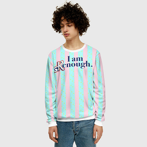 Мужской свитшот I am Kenough - фраза и костюм Кена в полоску / 3D-Белый – фото 3