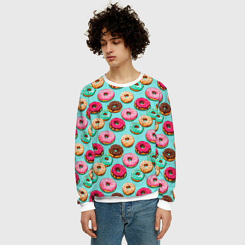 Мужской свитшот Разноцветные пончики паттерн / 3D-Белый – фото 3