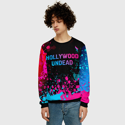 Мужской свитшот Hollywood Undead - neon gradient: символ сверху / 3D-Черный – фото 3