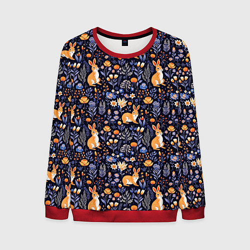 Мужской свитшот Оранжевые зайчики в траве на синем фоне / 3D-Красный – фото 1