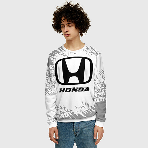 Мужской свитшот Honda speed на светлом фоне со следами шин / 3D-Белый – фото 3