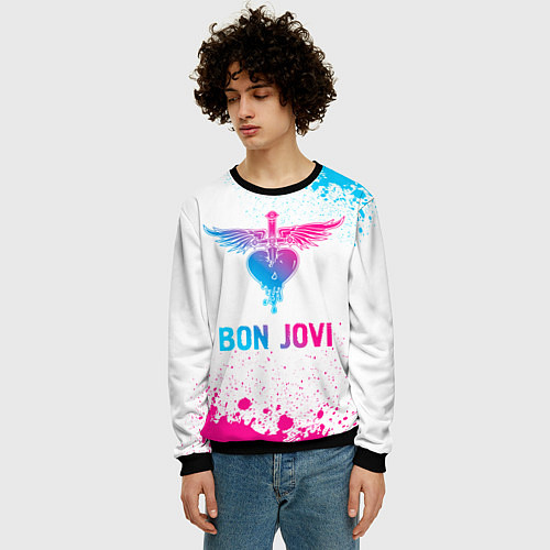 Мужской свитшот Bon Jovi neon gradient style / 3D-Черный – фото 3