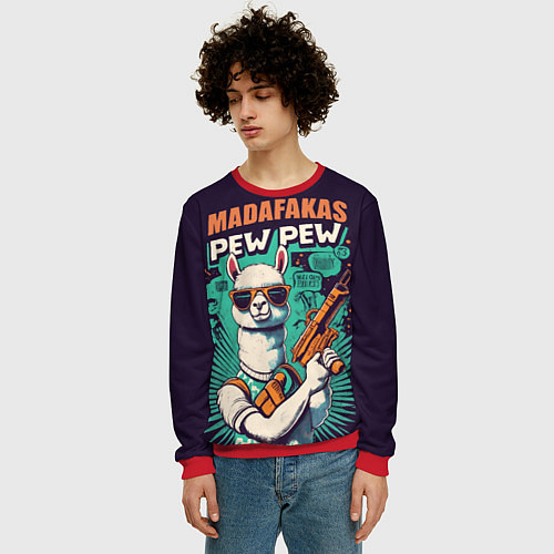 Мужской свитшот Pew Pew Madafakas - лама с пистолетами / 3D-Красный – фото 3