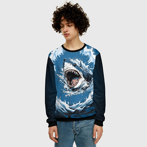 Мужской свитшот Морда акулы в воде / 3D-Черный – фото 3