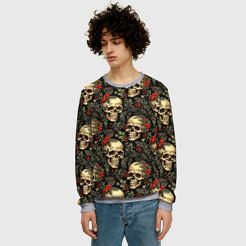 Мужской свитшот Череп рябина шишки и хвойные ветки / 3D-Меланж – фото 3
