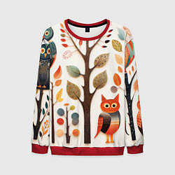 Свитшот мужской Совы в осеннем лесу в стиле фолк-арт, цвет: 3D-красный