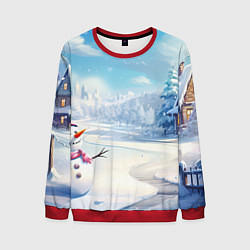 Свитшот мужской Новогодний пейзаж снеговик, цвет: 3D-красный