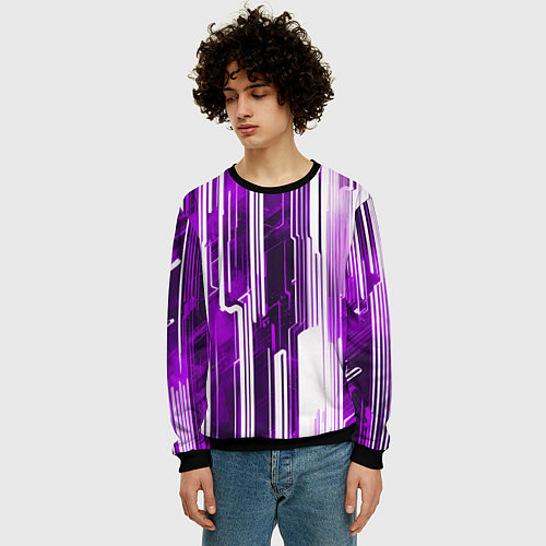 Мужской свитшот Киберпанк полосы белый и фиолетовый / 3D-Черный – фото 3