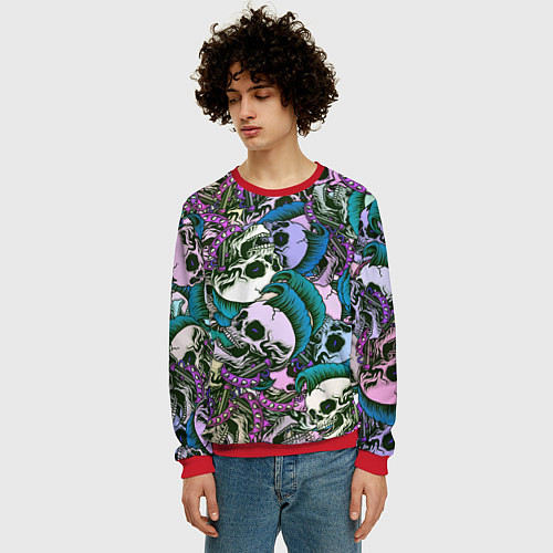 Мужской свитшот Череп панк паттерн / 3D-Красный – фото 3