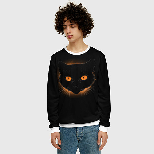 Мужской свитшот Портрет черного кота в оранжевом свечении / 3D-Белый – фото 3