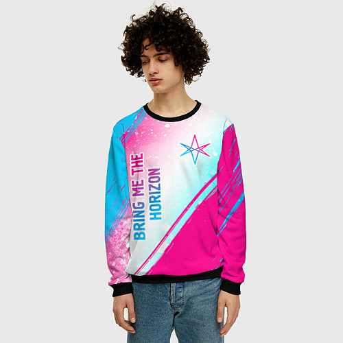 Мужской свитшот Bring Me the Horizon neon gradient style вертикаль / 3D-Черный – фото 3