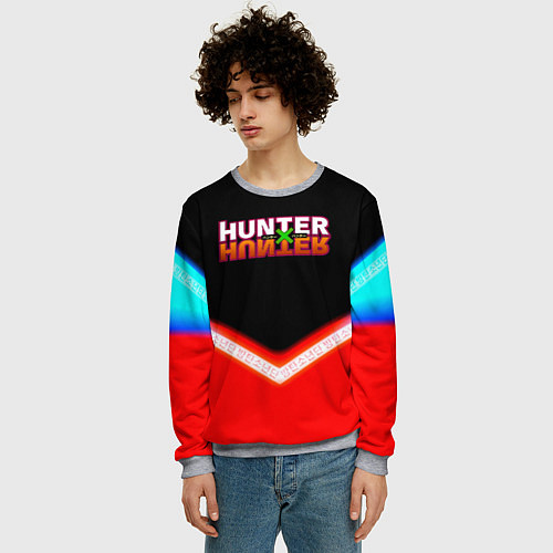 Мужской свитшот Охотник х Охотник неоновые иероглифы / 3D-Меланж – фото 3