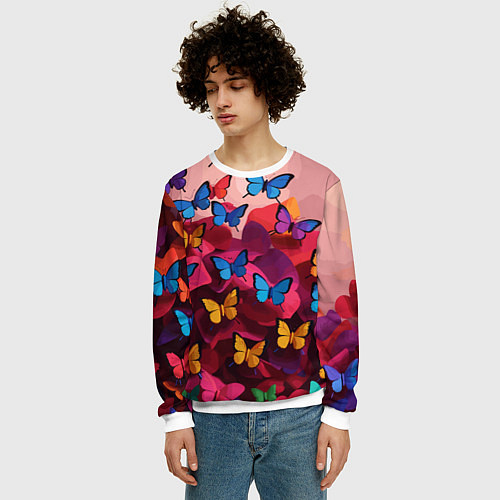 Мужской свитшот Разноцветные бабочки - розовые цветы / 3D-Белый – фото 3