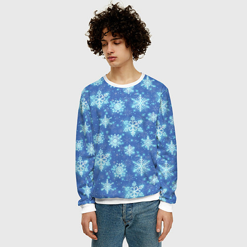 Мужской свитшот Pattern with bright snowflakes / 3D-Белый – фото 3