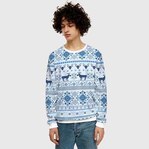 Мужской свитшот Blue sweater with reindeer / 3D-Белый – фото 3
