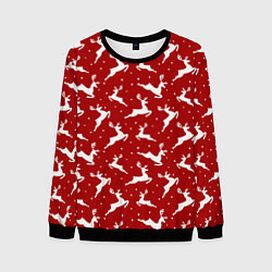 Свитшот мужской Красный паттерн с новогодними оленями, цвет: 3D-черный