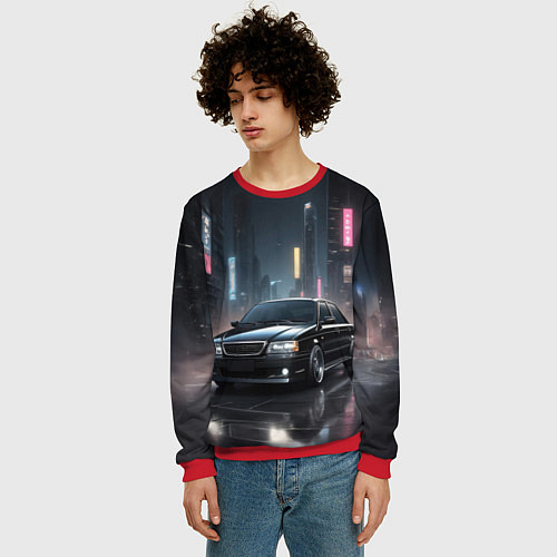 Мужской свитшот Черный автомобиль в ночном городе / 3D-Красный – фото 3