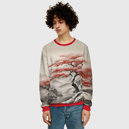 Мужской свитшот Красное дерево у реки / 3D-Красный – фото 3