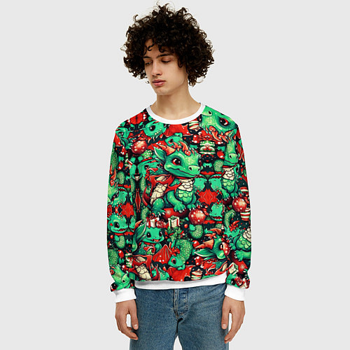 Мужской свитшот Зелёный деревянный дракончик / 3D-Белый – фото 3