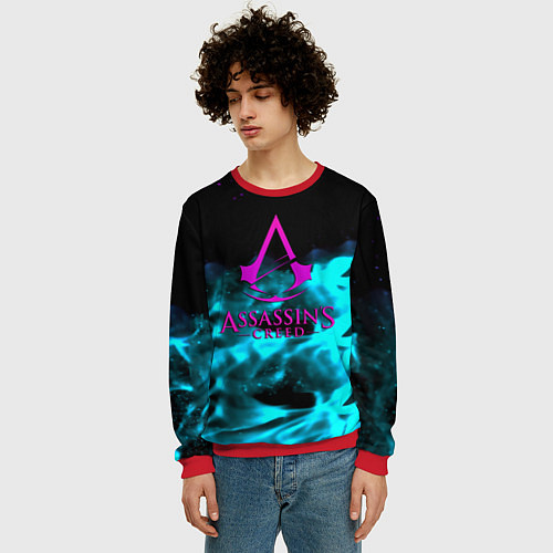 Мужской свитшот Assassins Creed flame neon / 3D-Красный – фото 3