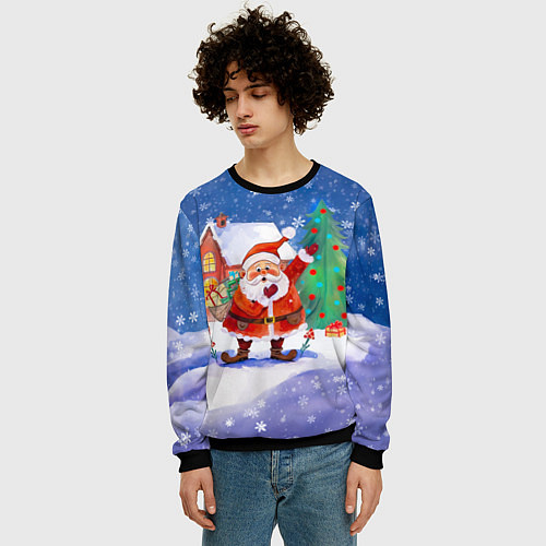 Мужской свитшот Дед Мороз с мешком и елкой / 3D-Черный – фото 3