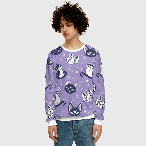 Мужской свитшот Мистические кошечки - паттерн фиолетовый / 3D-Белый – фото 3