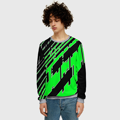 Мужской свитшот Зелёные линии на чёрном фоне / 3D-Меланж – фото 3