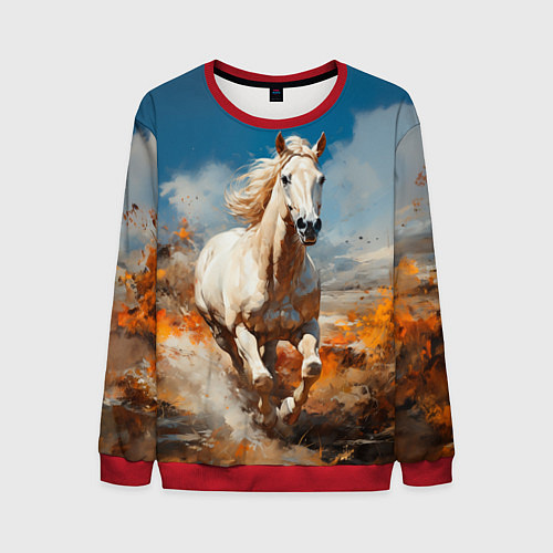 Мужской свитшот Белая лошадь скачет в поле / 3D-Красный – фото 1