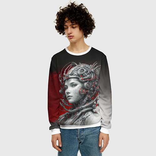 Мужской свитшот Девушка в кибернетическом шлеме / 3D-Белый – фото 3