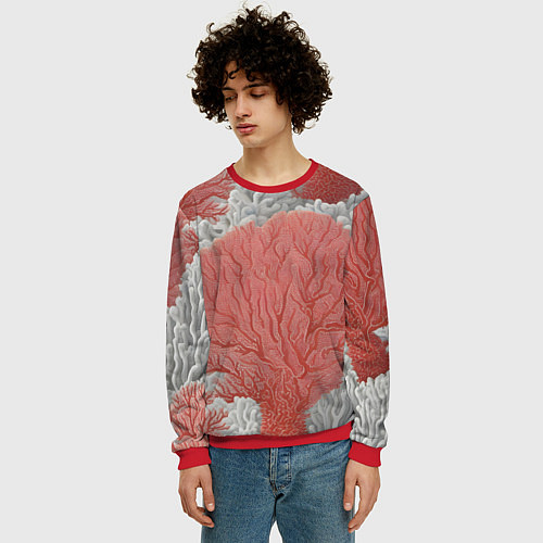 Мужской свитшот Красные и белые кораллы / 3D-Красный – фото 3