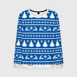Свитшот мужской Синий свитер с новогодними оленями, цвет: 3D-белый