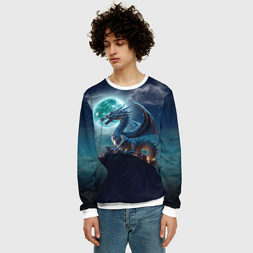 Мужской свитшот Дракон на скале на фоне луны / 3D-Белый – фото 3