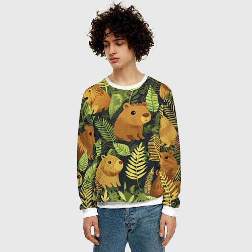 Мужской свитшот Капибары - лесной маскировочный камуфляж / 3D-Белый – фото 3
