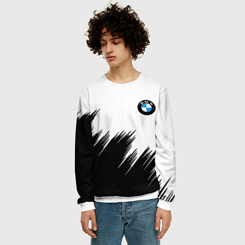 Мужской свитшот BMW чёрные штрихи текстура / 3D-Белый – фото 3