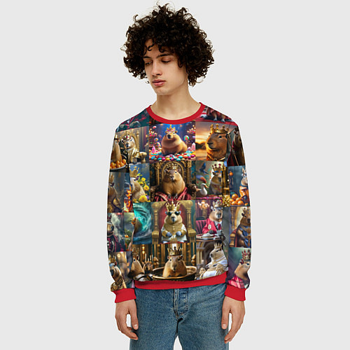Мужской свитшот Коллаж много капибар в короне / 3D-Красный – фото 3