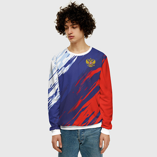 Мужской свитшот Россия Sport брызги красок триколор / 3D-Белый – фото 3