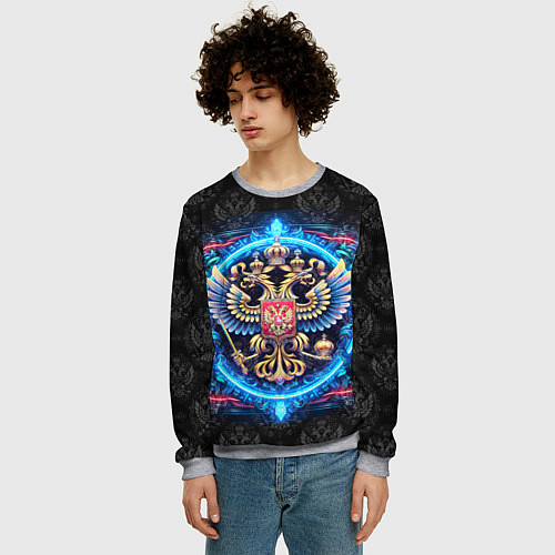 Мужской свитшот Яркий неоновый герб России / 3D-Меланж – фото 3