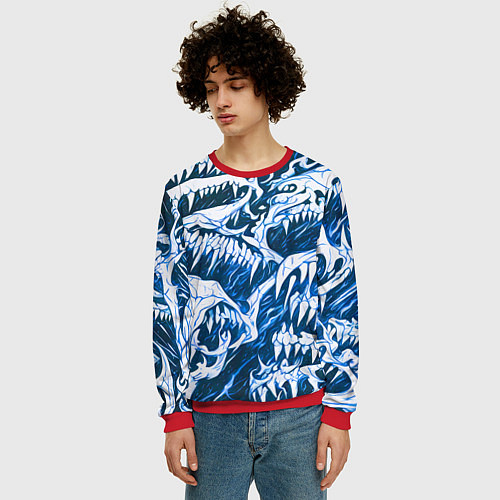 Мужской свитшот Белые клыки на синем фоне / 3D-Красный – фото 3