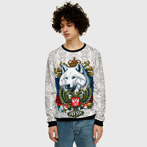Мужской свитшот Белый русский волк и герб России / 3D-Черный – фото 3