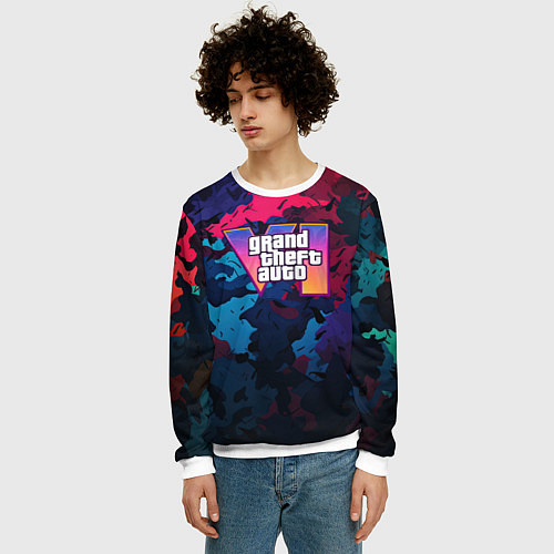 Мужской свитшот GTA 6 logo яркий неоновый камуфляжный стиль / 3D-Белый – фото 3
