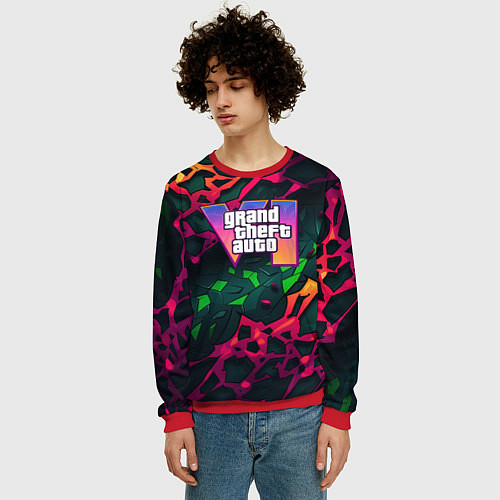 Мужской свитшот GTA 6 logo яркий неоновый камуфляжный стиль / 3D-Красный – фото 3